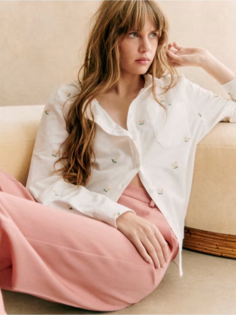 Sézane White Daisy Embroidered Tomboy Button-Down Shirt Sz 44 / XXL / 14 US